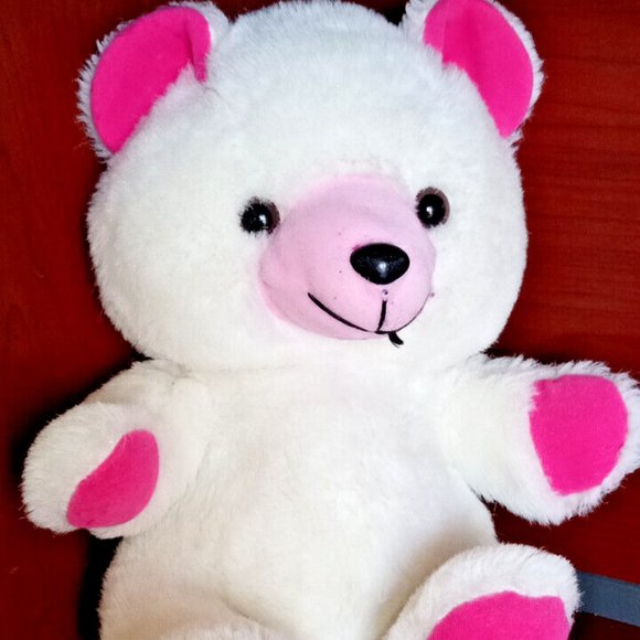 Vintage White and Pink Teddy Bear Plush Stuffed with New Polyester 17" Shining - Picture 1 of 6